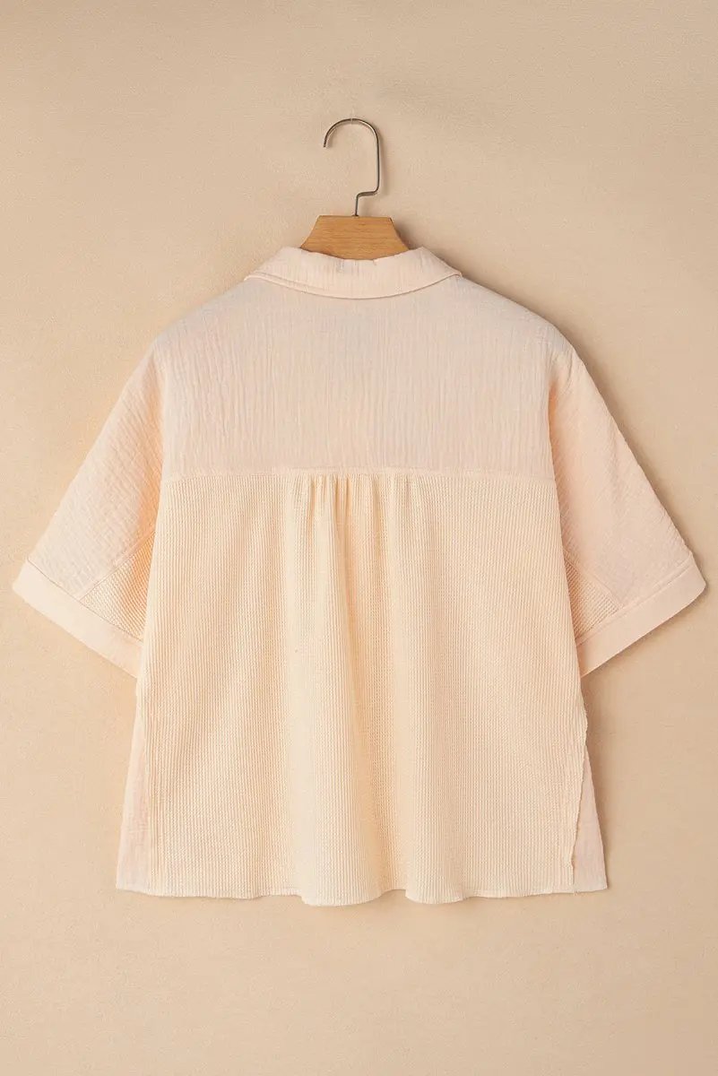 Beige Waffle Splicing Short Batwing Sleeve Flap Detail Shirt - Love Salve
